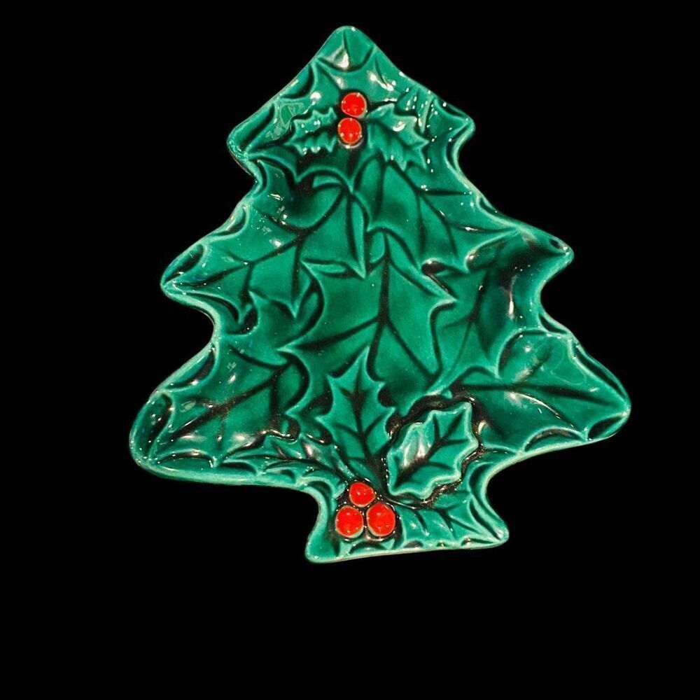 Vintage Holly Berry Christmas Tree Candy Dish 8”